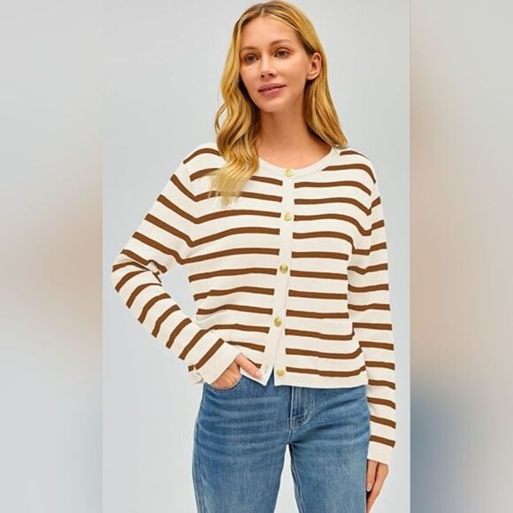 NWT Automet Cream & Rust Orange Striped Cardigan (M) - Picture 1 of 6